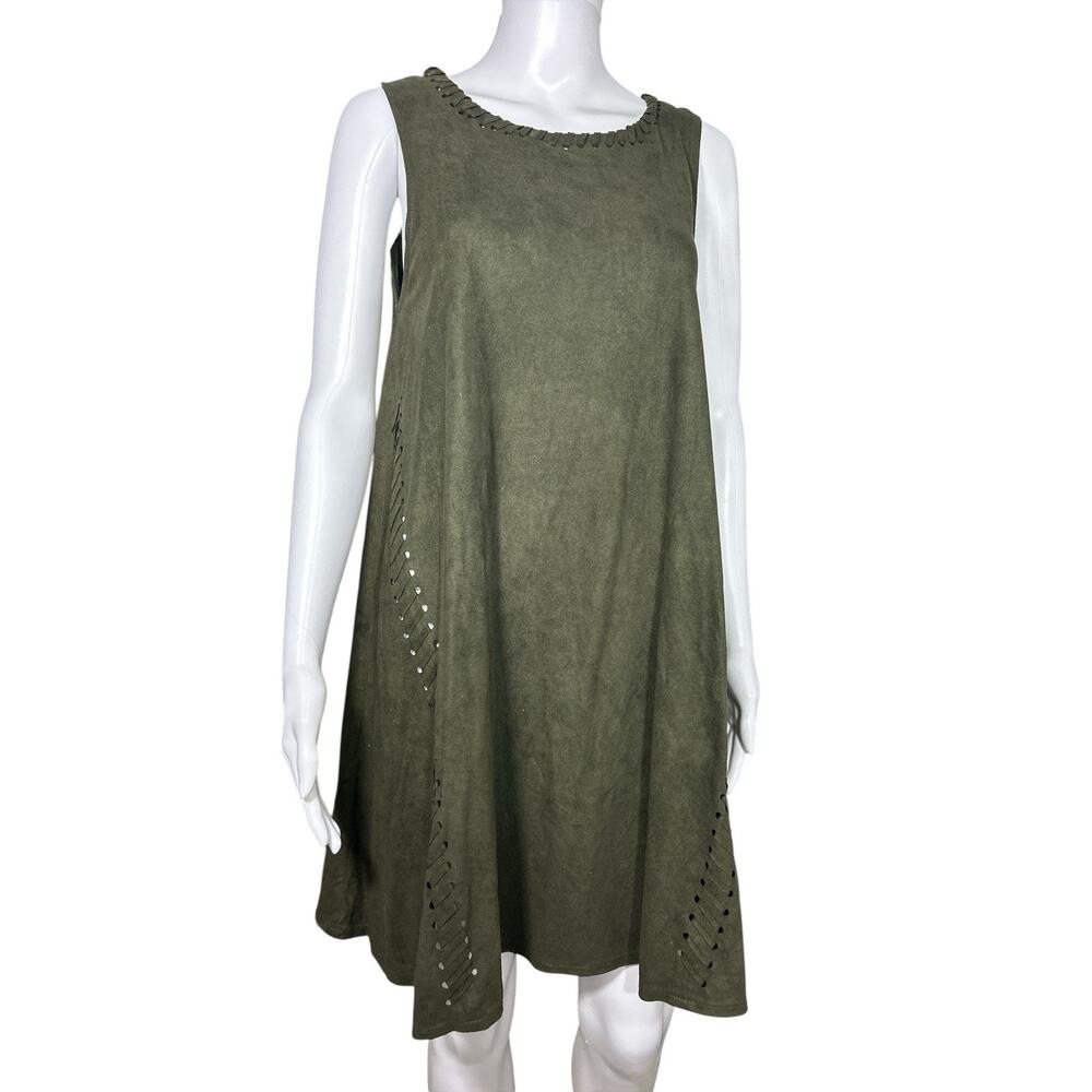 Fabr’ik Olive Green Faux Suede Swing Dress M Laser Cut Whipstitch Trim Earthy